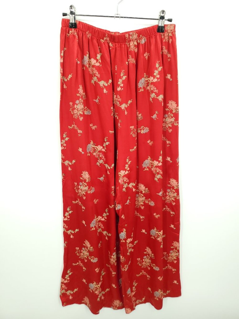 VTG Red Chinoiserie Print Pull On Satin Wide Leg Pants L Red